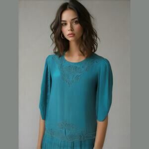 Vintage 80s Nancy Johnson Teal Silk Drop Waist Embroidered Midi Dress Women 10